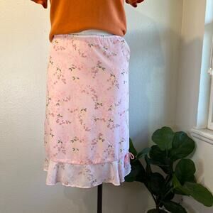 Vintage Christopher & Banks Pink Floral Ruffle Hem Bow Detail Midi Skirt Size 10